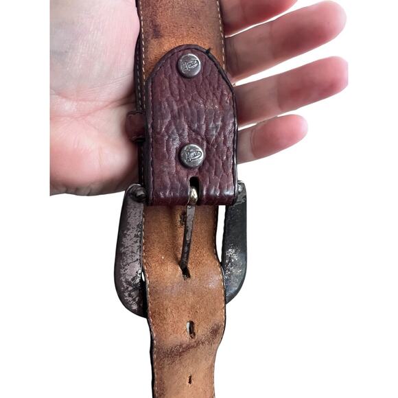 Vintage 1995 JUSTIN Western Black Brown Leather Belt Cowboy Silver Tone Buckle - Picture 8 of 16